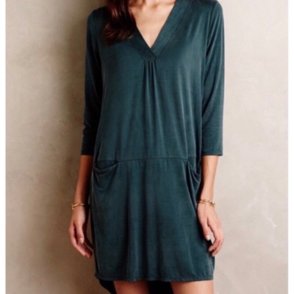 Anthropologie Dolan Left Coast Tegan Green Cupro Tunic Dress V Neck Sz L - Picture 2 of 8